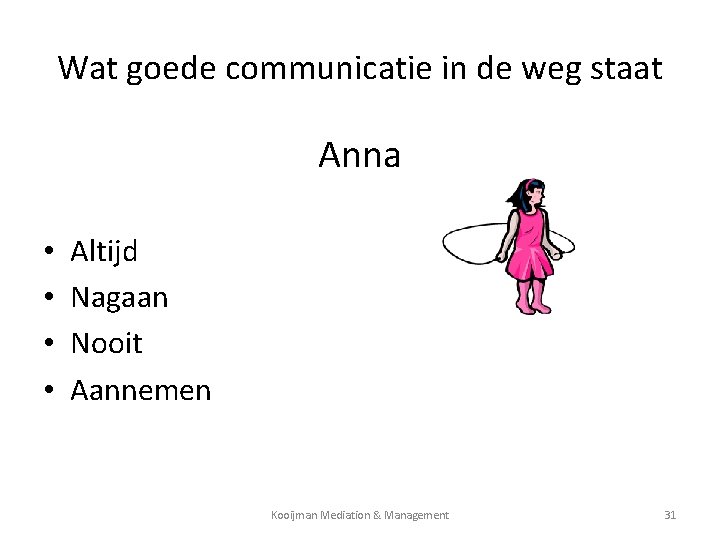Wat goede communicatie in de weg staat Anna • • Altijd Nagaan Nooit Aannemen