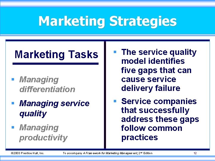 Marketing Strategies Marketing Tasks § Managing differentiation § Managing service quality § Managing productivity