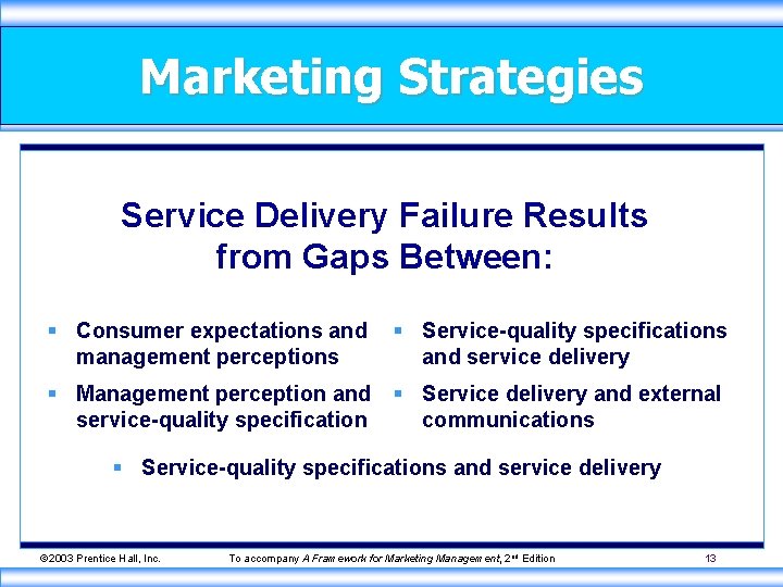 Marketing Strategies Service Delivery Failure Results from Gaps Between: § Consumer expectations and management