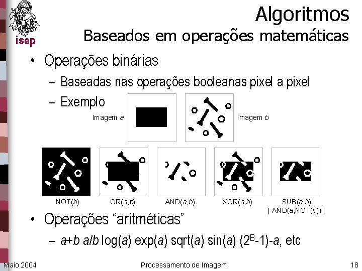 Algoritmos Baseados em operações matemáticas isep • Operações binárias – Baseadas nas operações booleanas