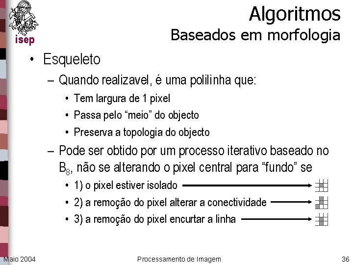 Algoritmos Baseados em morfologia isep • Esqueleto – Quando realizavel, é uma polilinha que: