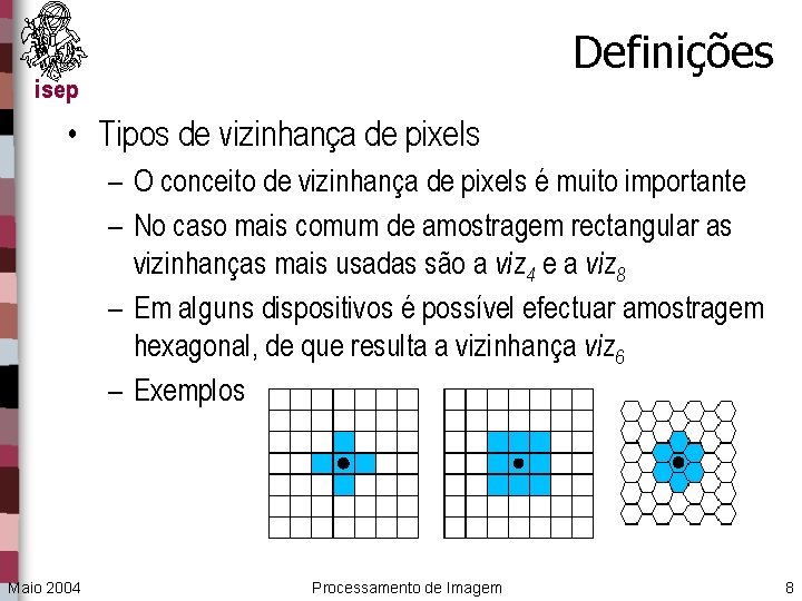 Definições isep • Tipos de vizinhança de pixels – O conceito de vizinhança de