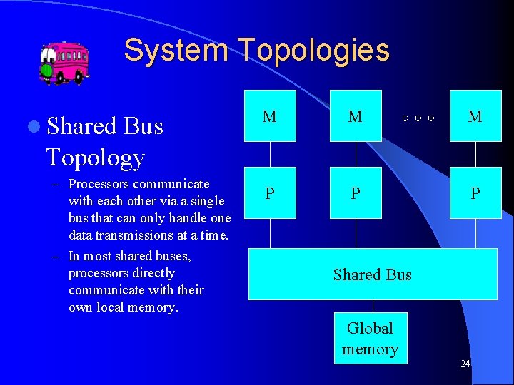 System Topologies l Shared Bus Topology – Processors communicate with each other via a