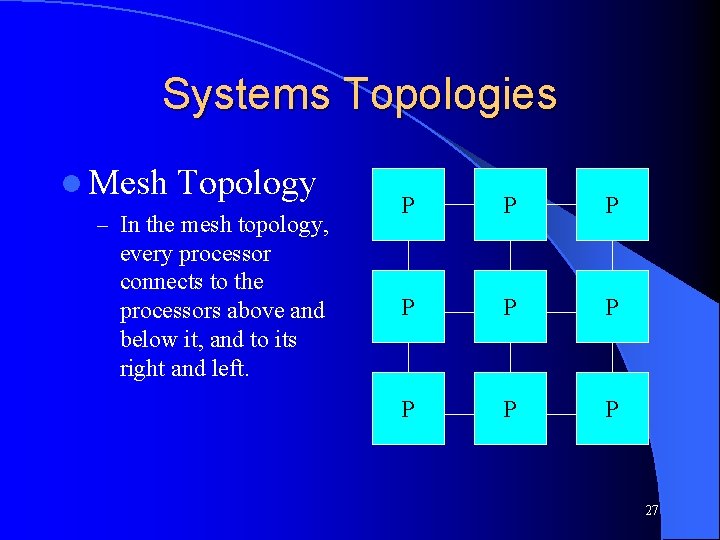 Systems Topologies l Mesh Topology – In the mesh topology, every processor connects to