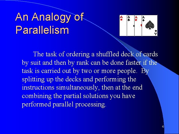 An Analogy of Parallelism The task of ordering a shuffled deck of cards by