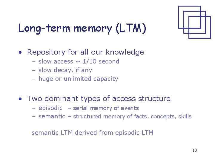 Long-term memory (LTM) • Repository for all our knowledge – slow access ~ 1/10