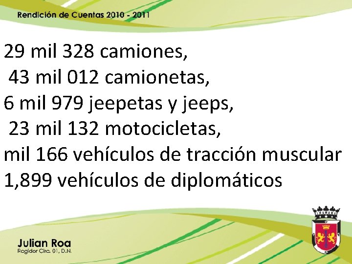 29 mil 328 camiones, 43 mil 012 camionetas, 6 mil 979 jeepetas y jeeps,