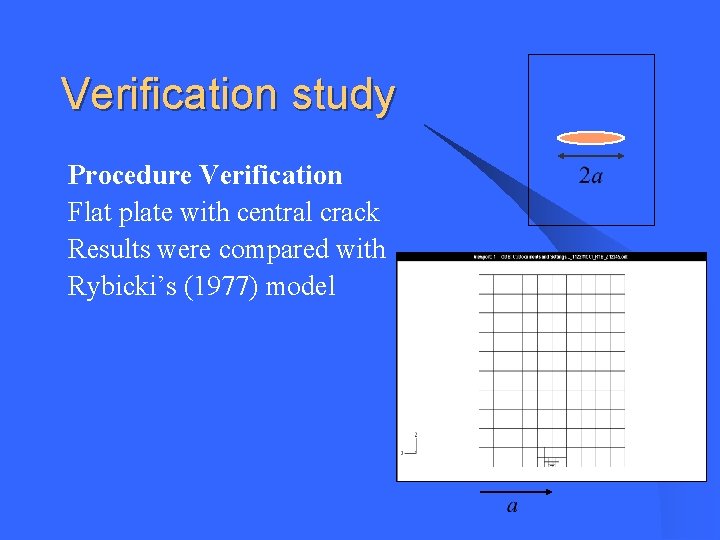 Verification study Procedure Verification Flat plate with central crack Results were compared with Rybicki’s Verification study Procedure Verification Flat plate with central crack Results were compared with Rybicki’s