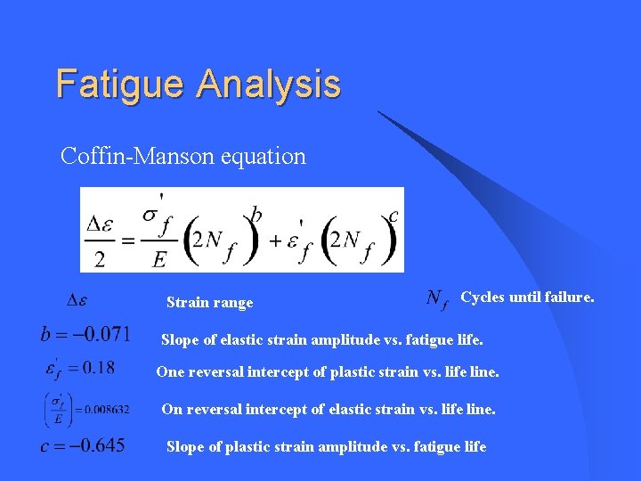 Fatigue Analysis Coffin-Manson equation Strain range Cycles until failure. Slope of elastic strain amplitude Fatigue Analysis Coffin-Manson equation Strain range Cycles until failure. Slope of elastic strain amplitude