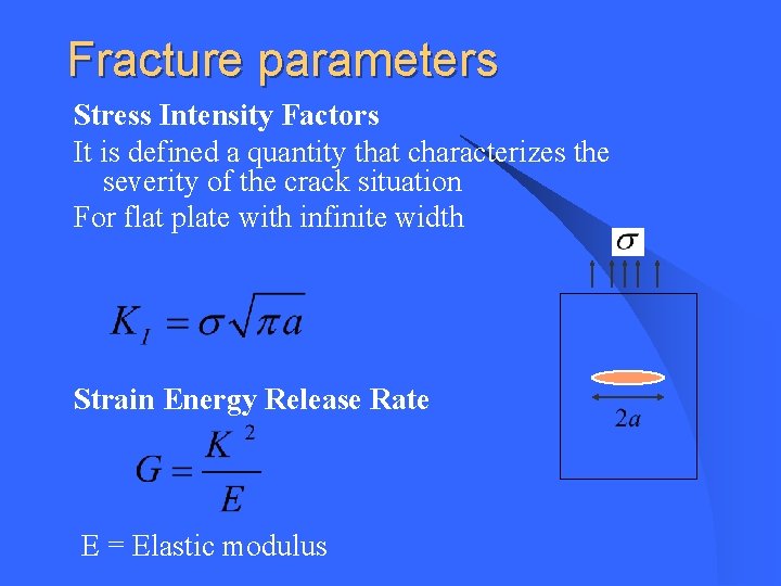 Fracture parameters Stress Intensity Factors It is defined a quantity that characterizes the severity Fracture parameters Stress Intensity Factors It is defined a quantity that characterizes the severity