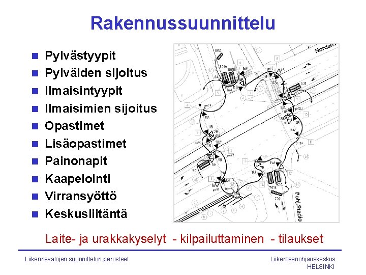 Rakennussuunnittelu n n n n n Pylvästyypit Pylväiden sijoitus Ilmaisintyypit Ilmaisimien sijoitus Opastimet Lisäopastimet