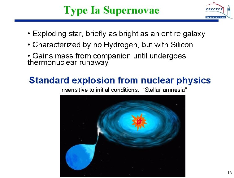 Type Ia Supernovae • Exploding star, briefly as bright as an entire galaxy •