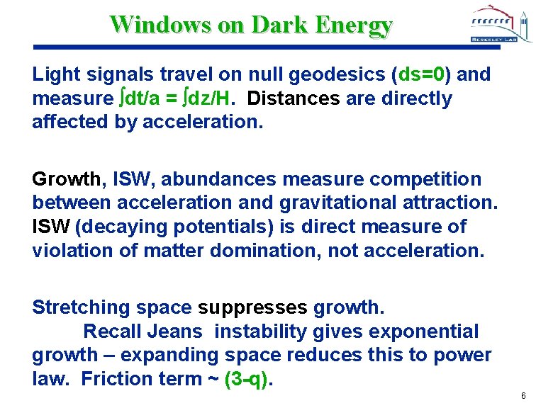 Windows on Dark Energy Light signals travel on null geodesics (ds=0) and measure dt/a