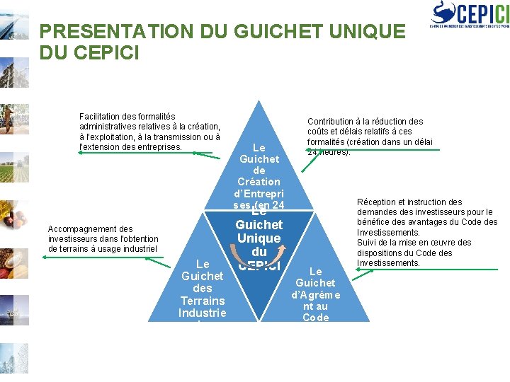 PRESENTATION DU GUICHET UNIQUE DU CEPICI Facilitation des formalités administratives relatives à la création,