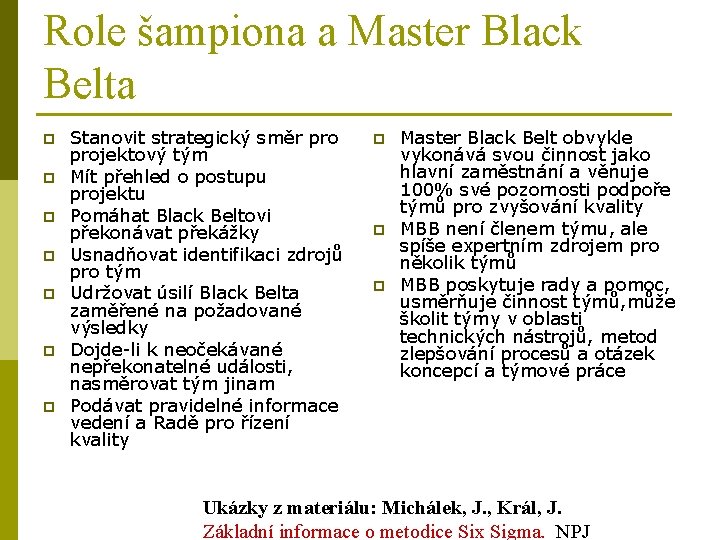 Role šampiona a Master Black Belta p p p p Stanovit strategický směr projektový