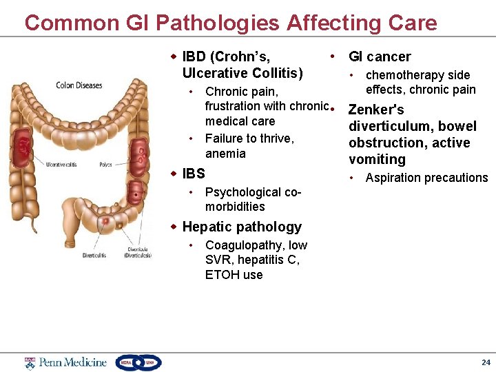 Common GI Pathologies Affecting Care w IBD (Crohn’s, Ulcerative Collitis) • GI cancer •