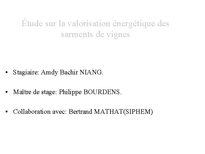 Étude sur la valorisation énergétique des sarments de vignes • Stagiaire: Amdy Bachir NIANG.