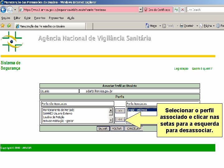 Selecionar o perfil associado e clicar nas setas para a esquerda para desassociar. Agência