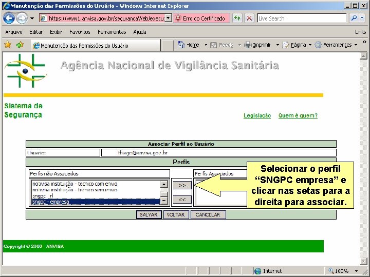 Selecionar o perfil “SNGPC empresa” e clicar nas setas para a direita para associar.