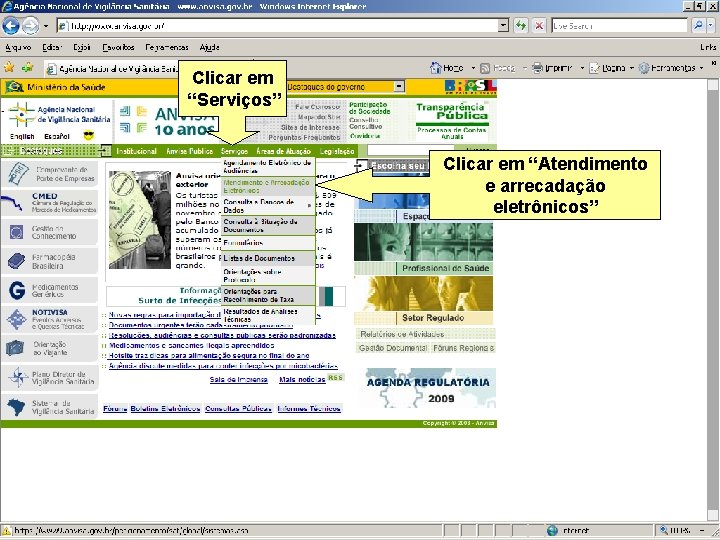 Clicar em “Serviços” Clicar em “Atendimento e arrecadação eletrônicos” Agência Nacional de Vigilância Sanitária