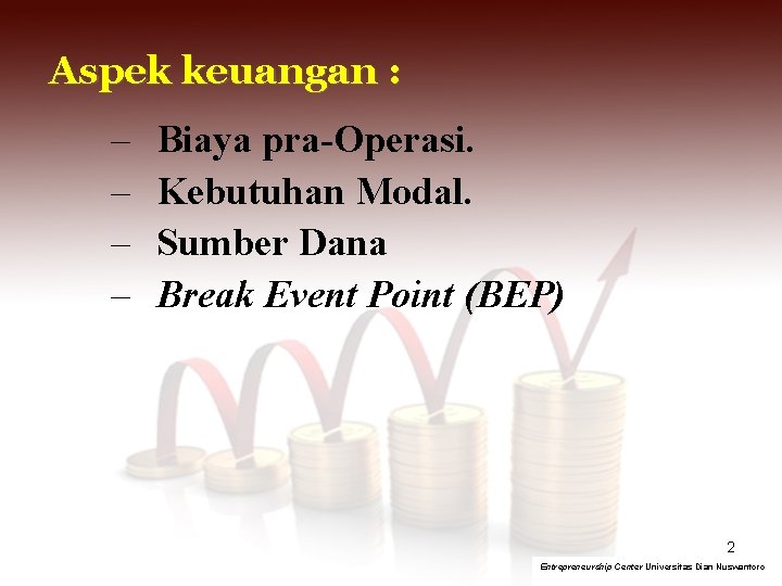 Aspek keuangan : – – Biaya pra-Operasi. Kebutuhan Modal. Sumber Dana Break Event Point