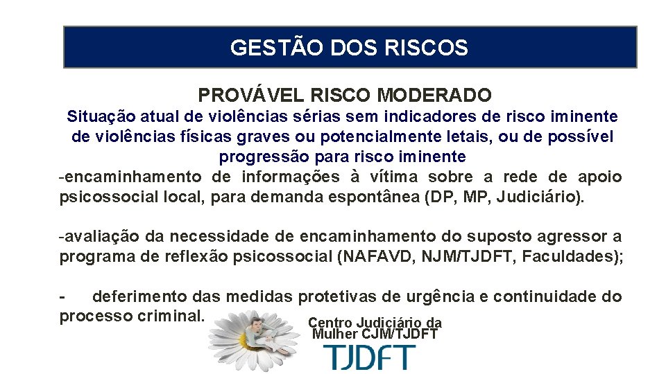 MEDIDA PROTETIVA CÍVEL GESTÃO DOS RISCOS PROVÁVEL RISCO MODERADO Situação atual de violências sérias