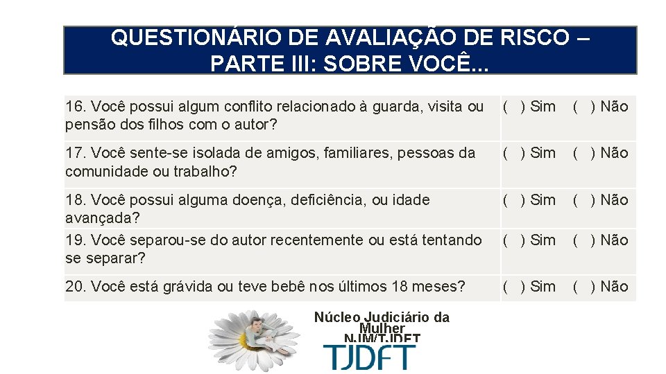 QUESTIONÁRIO DE AVALIAÇÃO DE RISCO – MEDIDA PROTETIVA CÍVEL PARTE III: SOBRE VOCÊ. .