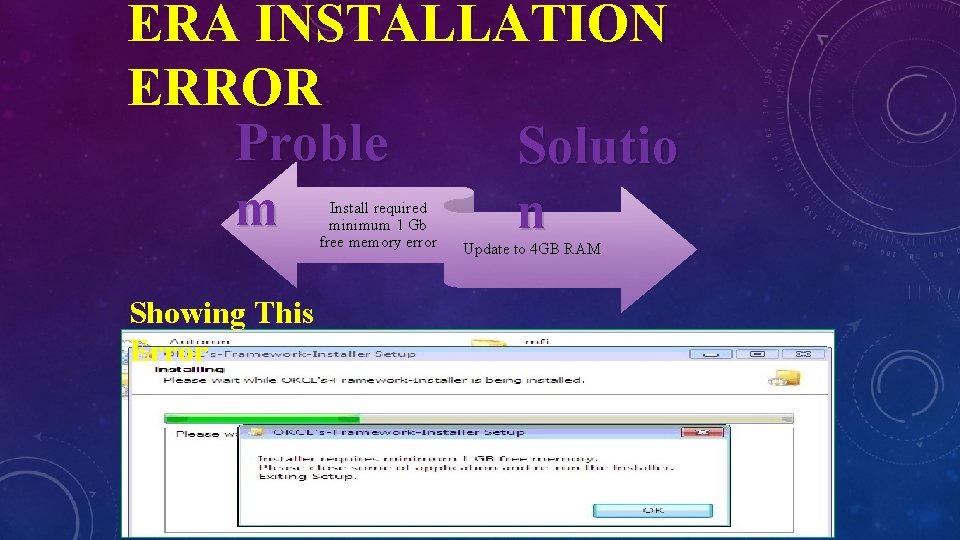 ERA INSTALLATION ERROR Proble Solutio m n Install required minimum 1 Gb free memory ERA INSTALLATION ERROR Proble Solutio m n Install required minimum 1 Gb free memory