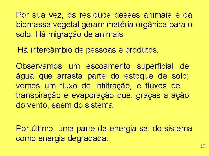 Por sua vez, os resíduos desses animais e da biomassa vegetal geram matéria orgânica