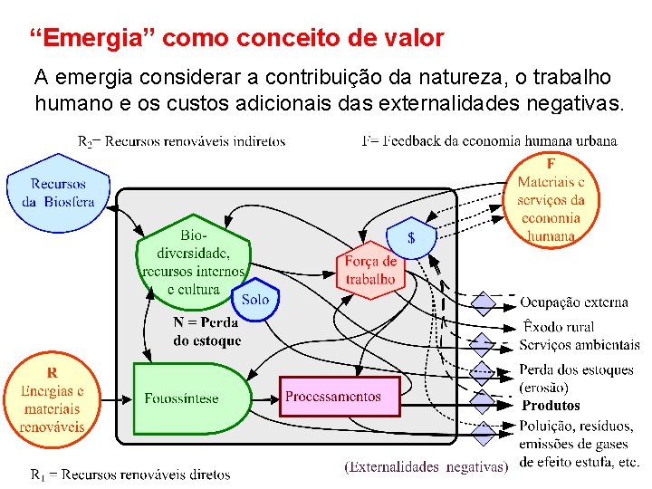 “Emergia” como conceito de valor A emergia considerar a contribuição da natureza, o trabalho