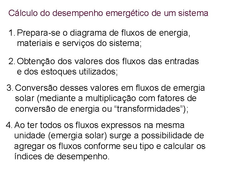 Cálculo do desempenho emergético de um sistema 1. Prepara-se o diagrama de fluxos de