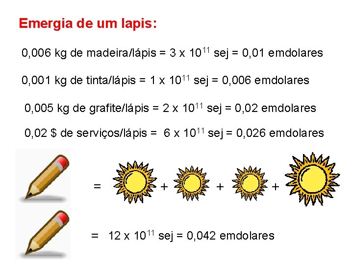 Emergia de um lapis: 0, 006 kg de madeira/lápis = 3 x 1011 sej