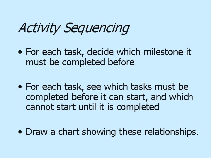 Activity Sequencing • For each task, decide which milestone it must be completed before