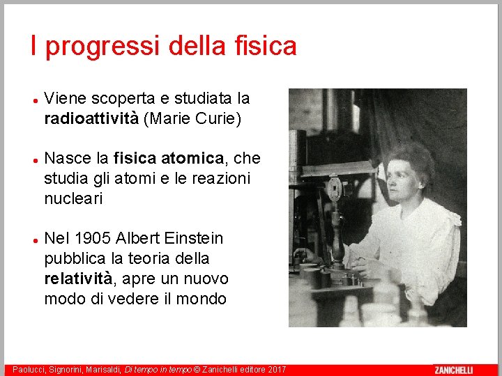I progressi della fisica Viene scoperta e studiata la radioattività (Marie Curie) Nasce la