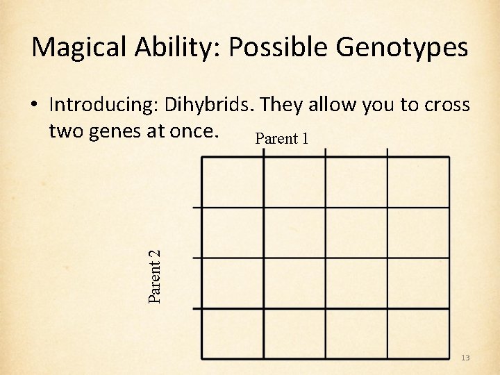 Magical Ability: Possible Genotypes Parent 2 • Introducing: Dihybrids. They allow you to cross