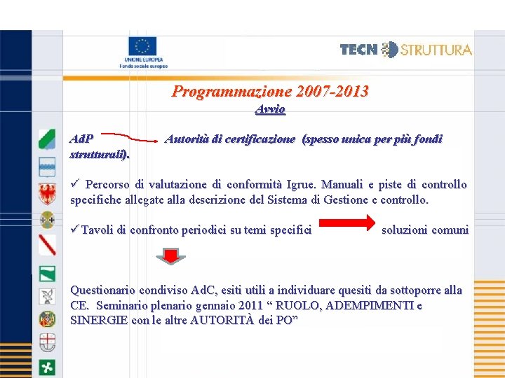 Programmazione 2007 -2013 Avvio Ad. P strutturali). Autorità di certificazione (spesso unica per più