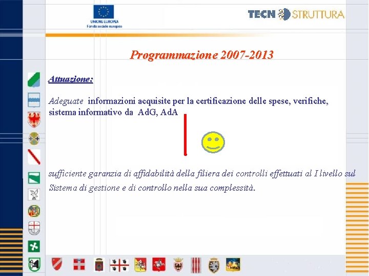 Programmazione 2007 -2013 Attuazione: Adeguate informazioni acquisite per la certificazione delle spese, verifiche, sistema