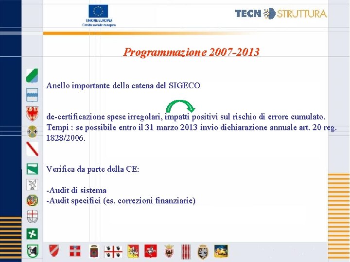 Programmazione 2007 -2013 Anello importante della catena del SIGECO de-certificazione spese irregolari, impatti positivi