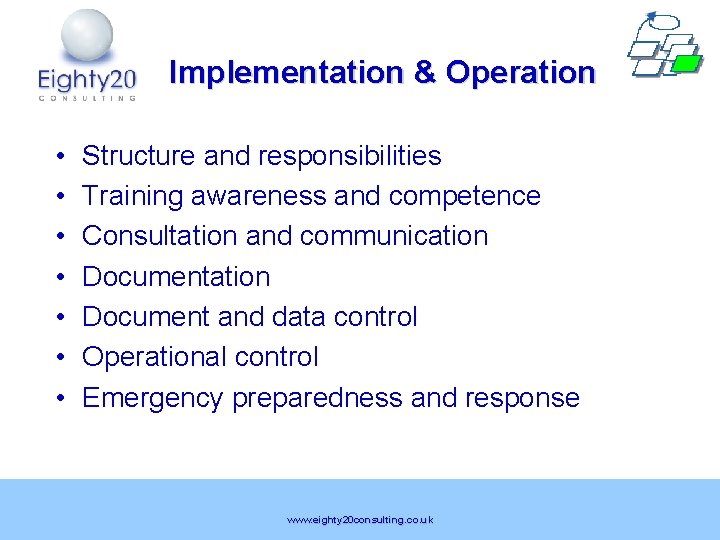 Implementation & Operation • • Structure and responsibilities Training awareness and competence Consultation and