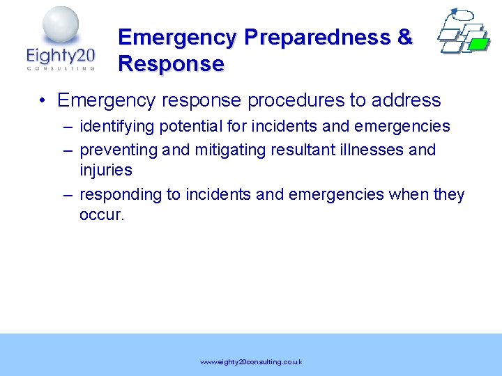 Emergency Preparedness & Response • Emergency response procedures to address – identifying potential for
