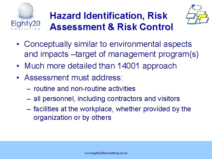 Hazard Identification, Risk Assessment & Risk Control • Conceptually similar to environmental aspects and