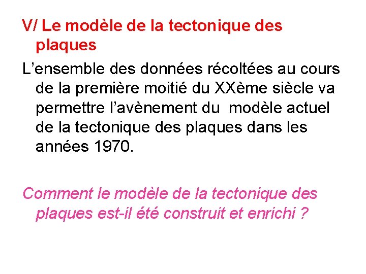 V/ Le modèle de la tectonique des plaques L’ensemble des données récoltées au cours