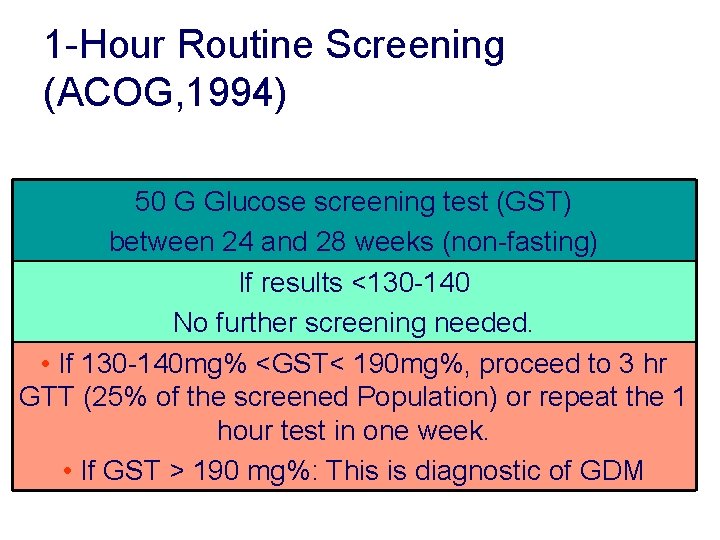 1 -Hour Routine Screening (ACOG, 1994) 50 G Glucose screening test (GST) between 24 1 -Hour Routine Screening (ACOG, 1994) 50 G Glucose screening test (GST) between 24