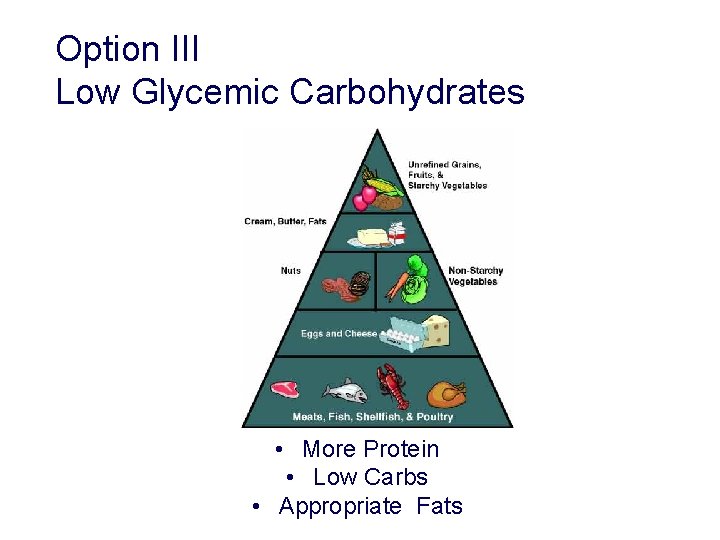 Option III Low Glycemic Carbohydrates • More Protein • Low Carbs • Appropriate Fats Option III Low Glycemic Carbohydrates • More Protein • Low Carbs • Appropriate Fats