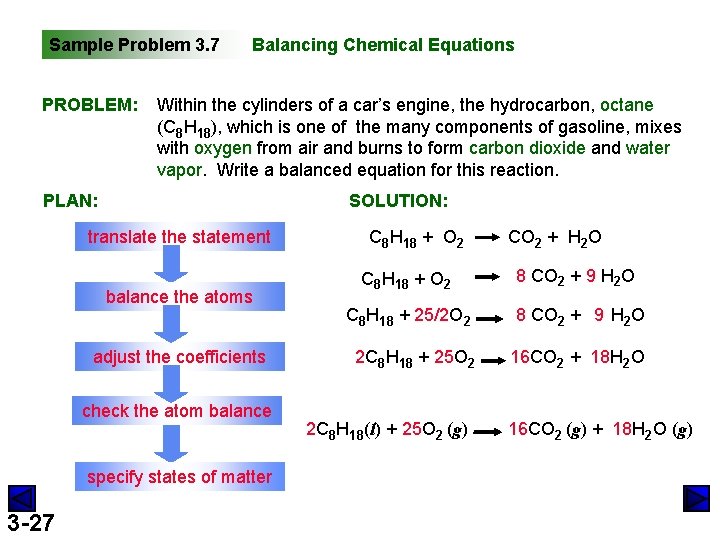 Sample Problem 3. 7 PROBLEM: Balancing Chemical Equations Within the cylinders of a car’s