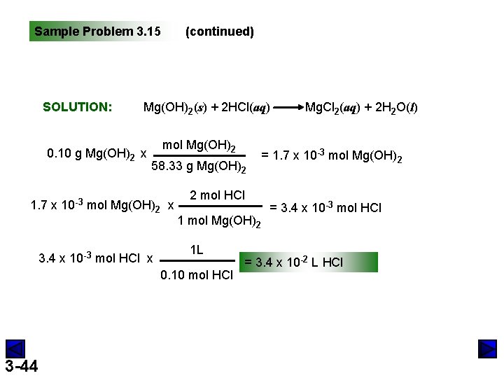 Sample Problem 3. 15 SOLUTION: (continued) Mg(OH)2(s) + 2 HCl(aq) 0. 10 g Mg(OH)2
