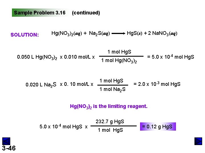 Sample Problem 3. 16 (continued) Hg(NO 3)2(aq) + Na 2 S(aq) SOLUTION: 0. 050