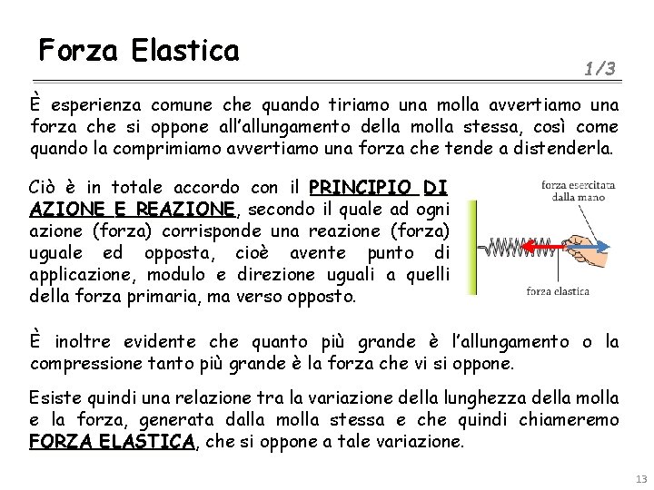 Forza Elastica 1/3 È esperienza comune che quando tiriamo una molla avvertiamo una forza