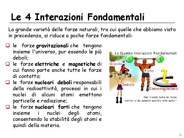 Le 4 Interazioni Fondamentali La grande varietà delle forze naturali, tra cui quelle che