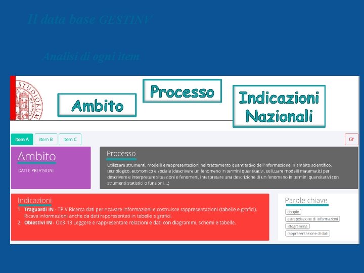 Il data base GESTINV Analisi di ogni item 